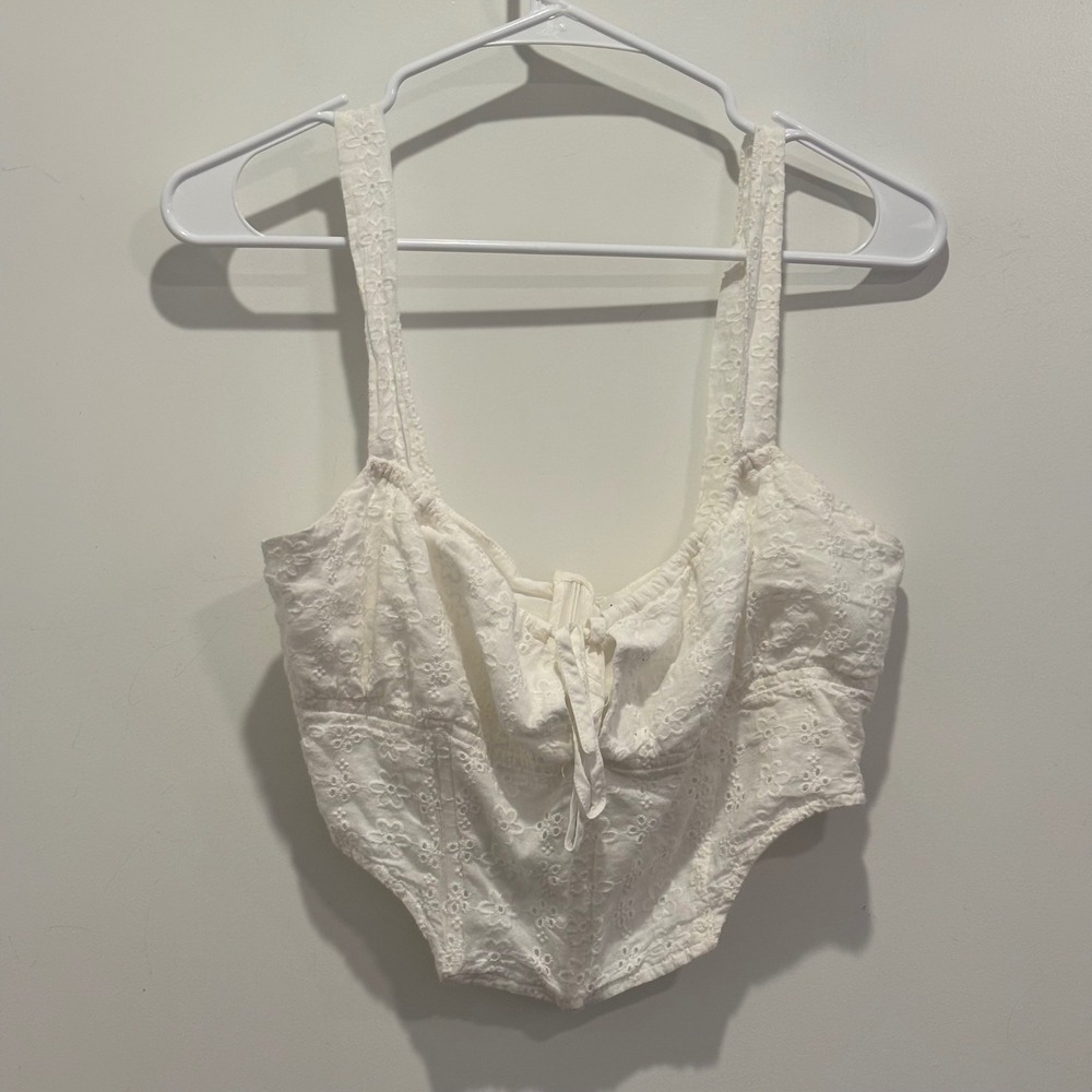 Le Lis‎ Collection White Eyelet Corset Crop Top Floral Embroidery Tie Front M